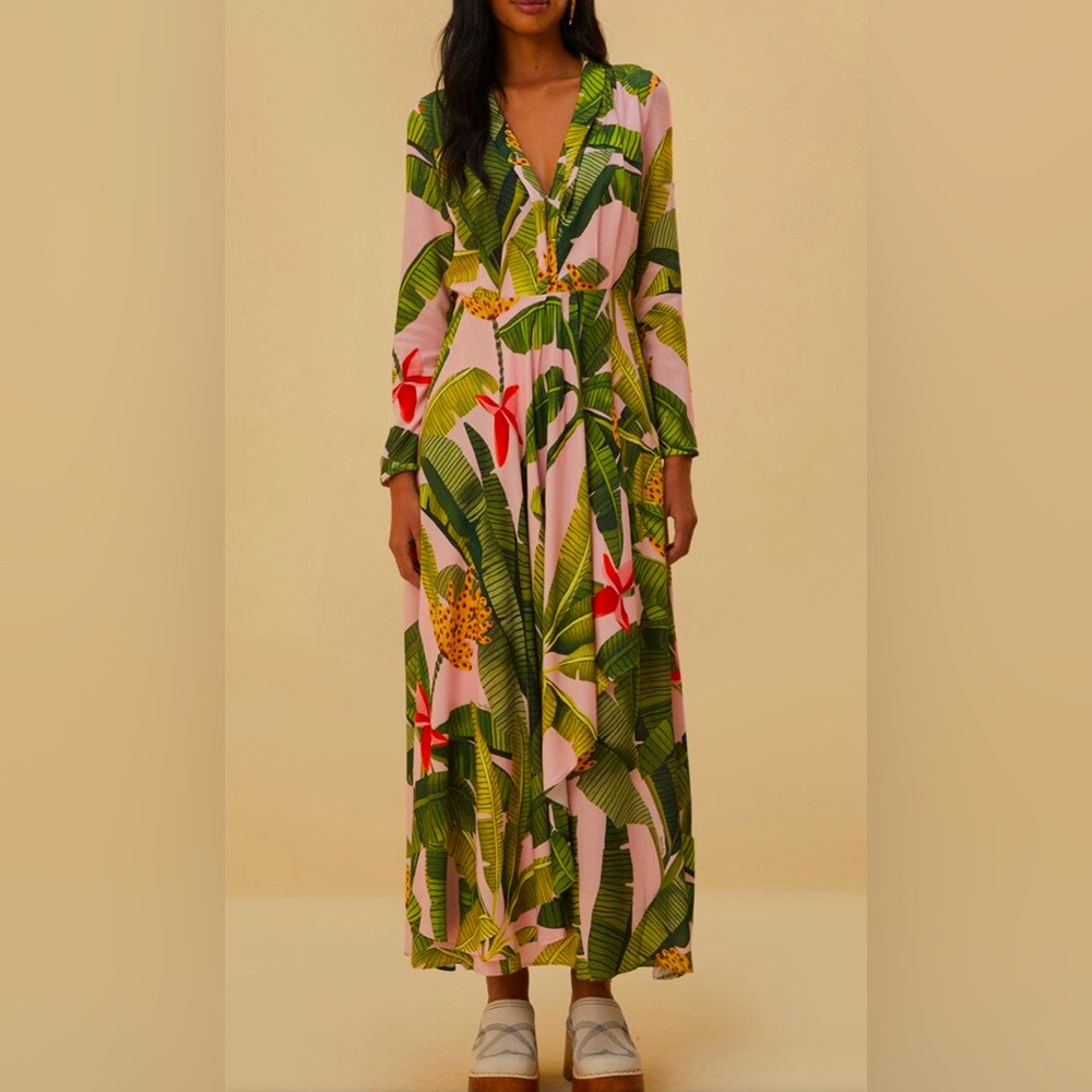 FARM Rio Pink and Green Leaf Print Long Sleeve Dress